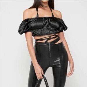 Maniere De Voir Black Satin Puff Sleeve Corset Crop Top